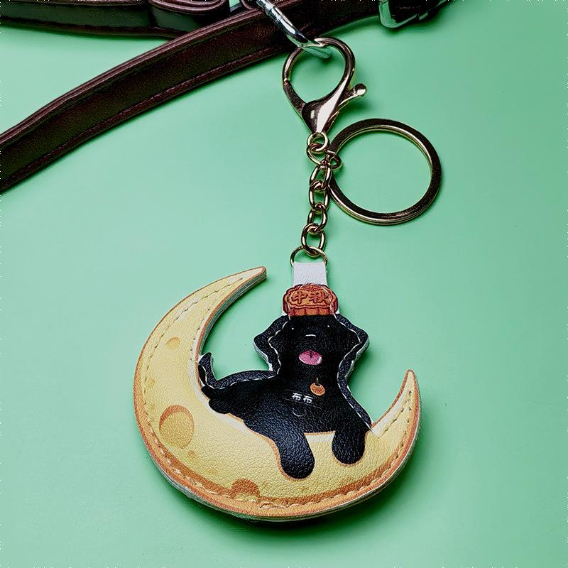 Double-Sided Leather Dog Keychain - Creative Puppy Cartoon Design for Mid-Autumn Festival