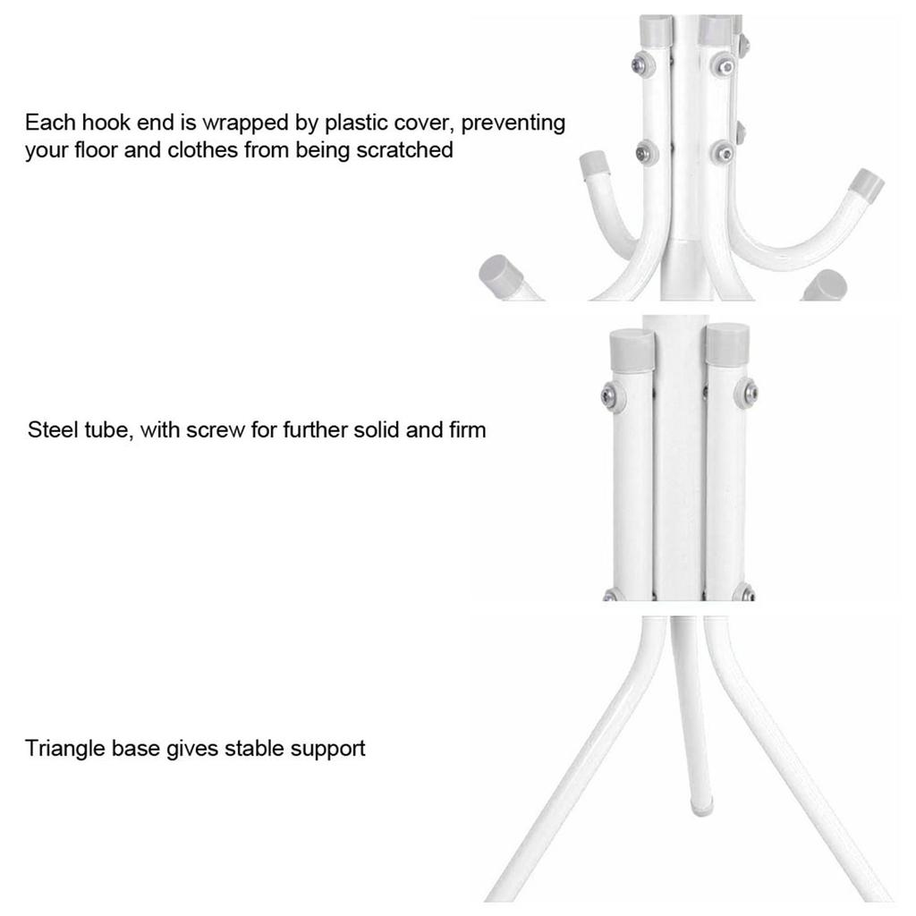 Multi Hook Metal Coat Hat Rack Tree Stand Clothes Bag Hanger Organizer for Home Bedroom (White)