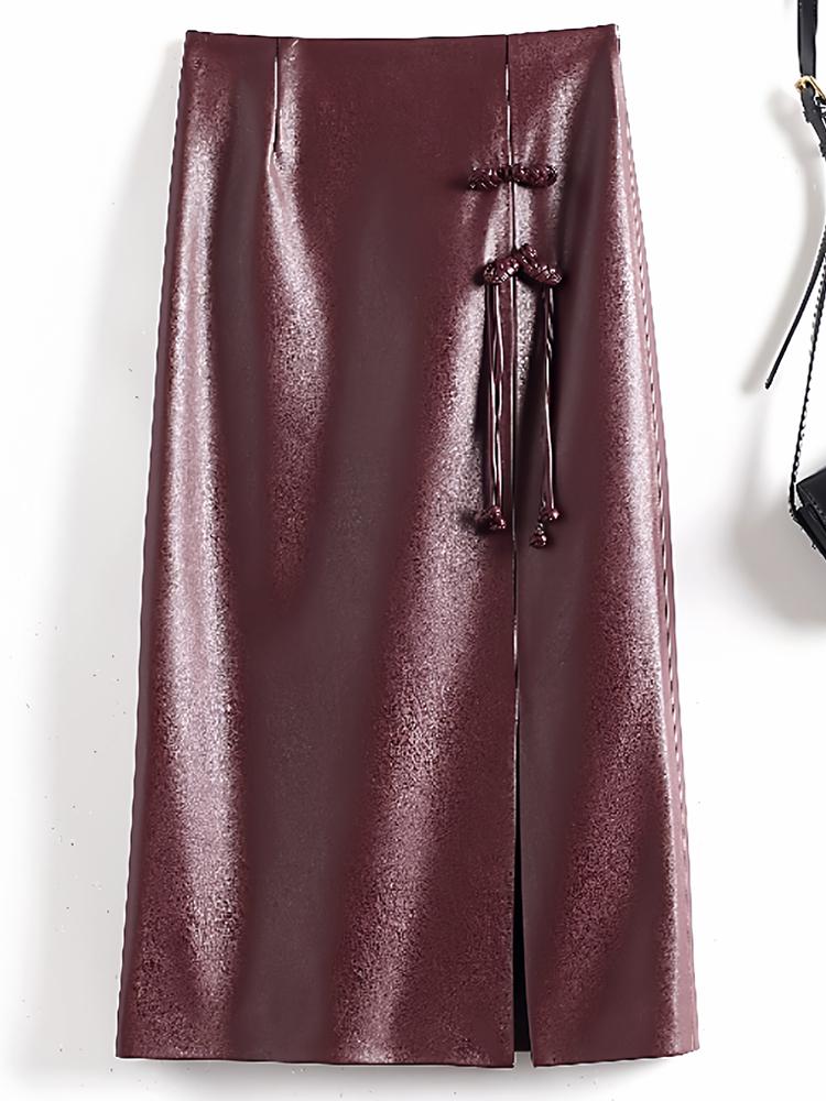 Women's Retro High-Waist Leather Pencil Skirt with Frog Buttons