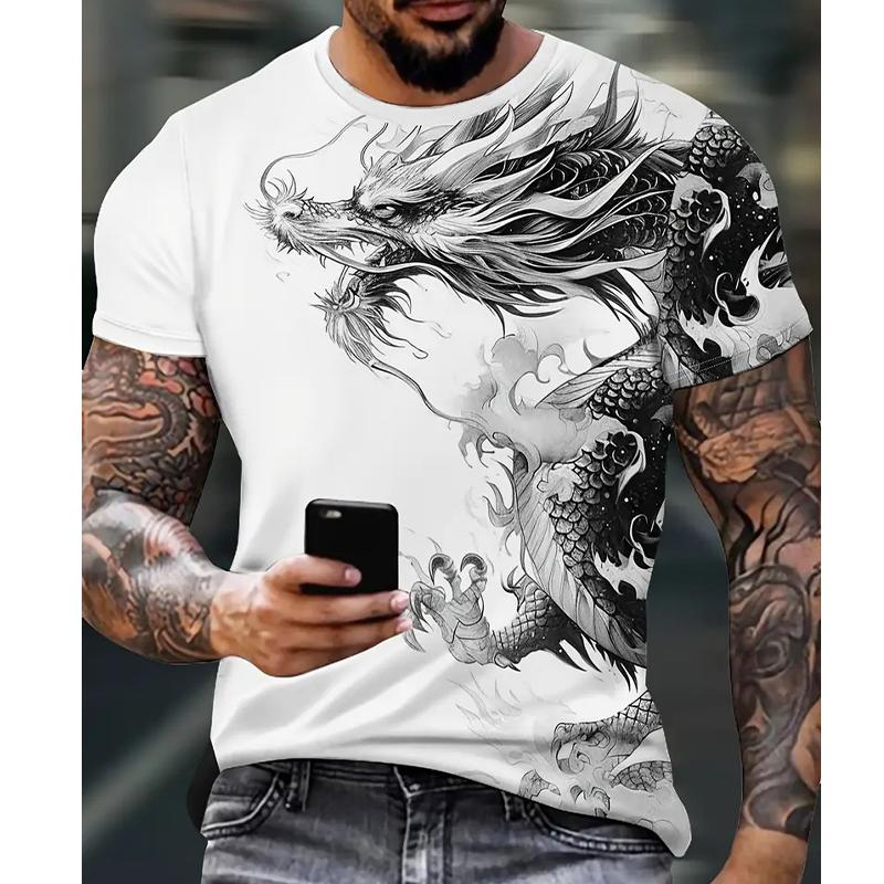 New Summer Men's Fashion T-shirt Personality Dragon Printed Men's T-shirt Top