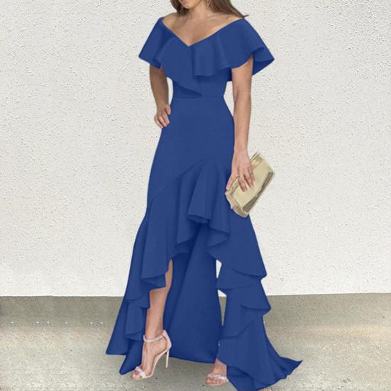 Women Evening Dress Ruffle Patchwork V Neck Slim Fit Irregular Hem Sleeveless Floor Length Pure Color Ball Gown Party Banquet Maxi Dress