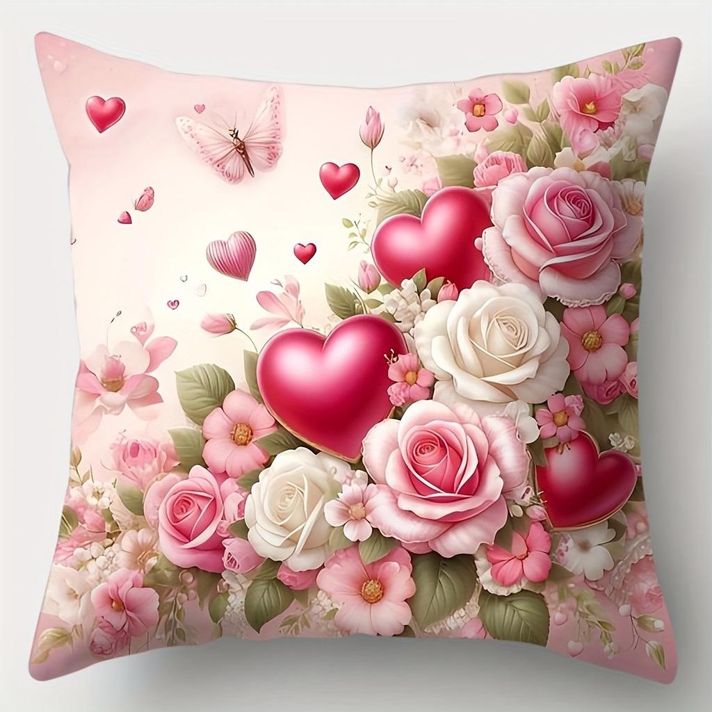 Elegant Pink Floral & Heart Pillowcase: Romantic Rose Pattern Cushion Cover For Sofa Bedroom Home Decor