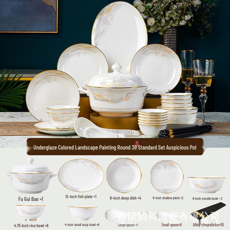2024 New Luxury Glazed Ceramic Bowl and Plate Set with Chopsticks – High-Temperature Housewarming Gift