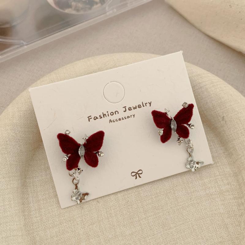 Cute Red Bow Flocking Earrings Simple Elegant Exquisite Sweet Festive Earrings Ear Studs Jewelry Accessories New Year Gifts