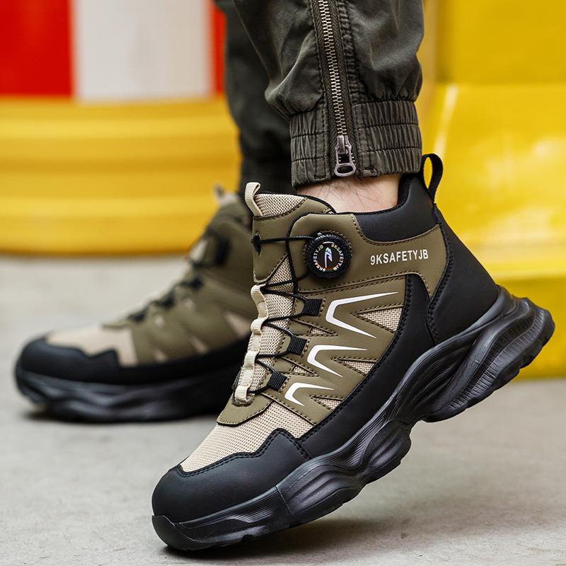 Rotating Button Work Shoes For Men Anti Puncture Work Sneakers Waterproof Black Work Safety Shoes Non Slip Steel Toe Boots Black