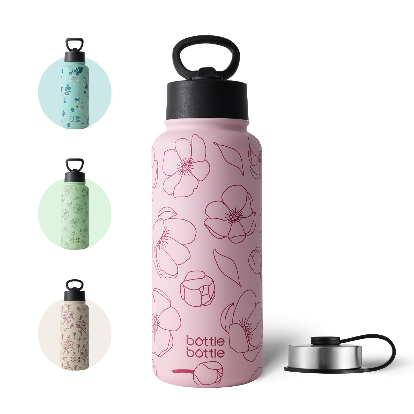 

BOTTLE BOTTLE 1 Liter Stainless Steel Water Direct with Vacuum Pink Flower Design Bottle, Drinking, Straw, Insulated, Double-Walled Wall, Insulated,