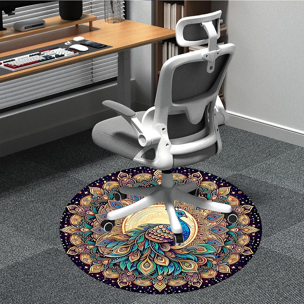 1PC Peacock Mandala Artwork Office Round Rug, Non slip, Soft and Durable Office Rug for Interior Decoration, Perfect for Office