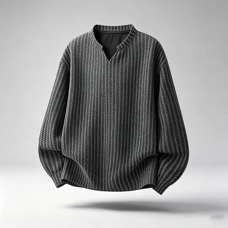 Men Textured Notch V Neck Long Sleeve Shirt Loose Fit Woven Fabric Casual Tops Retro Stripe Pattern Streetwear Daily Wear