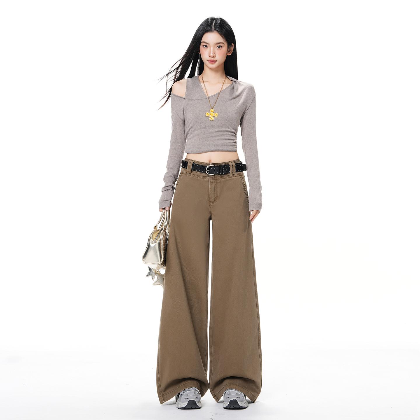 Women s 2025 Spring/Autumn Retro Loose Wide-Leg Jeans with Double Button Waistband XL
