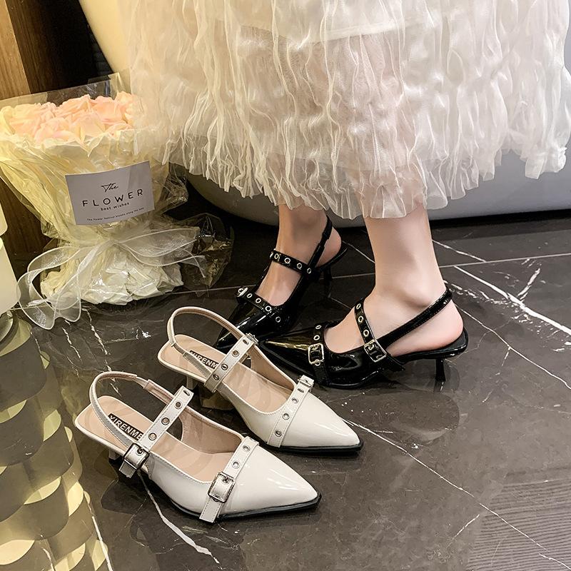 French Bag Head High-heeled Sandals Shallow Spring New Rear Empty Thin Heel Temperament Socialite Pointed Single Shoes Women's Shoes