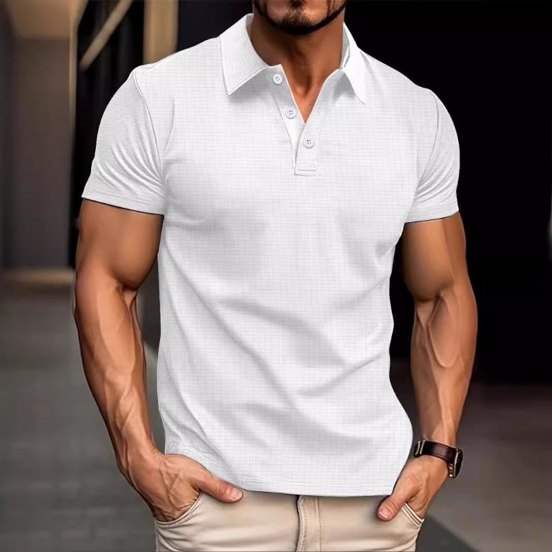 Men's Summer Waffle Striped Lapel Solid Color Button-up Short-sleeved Polo Shirt