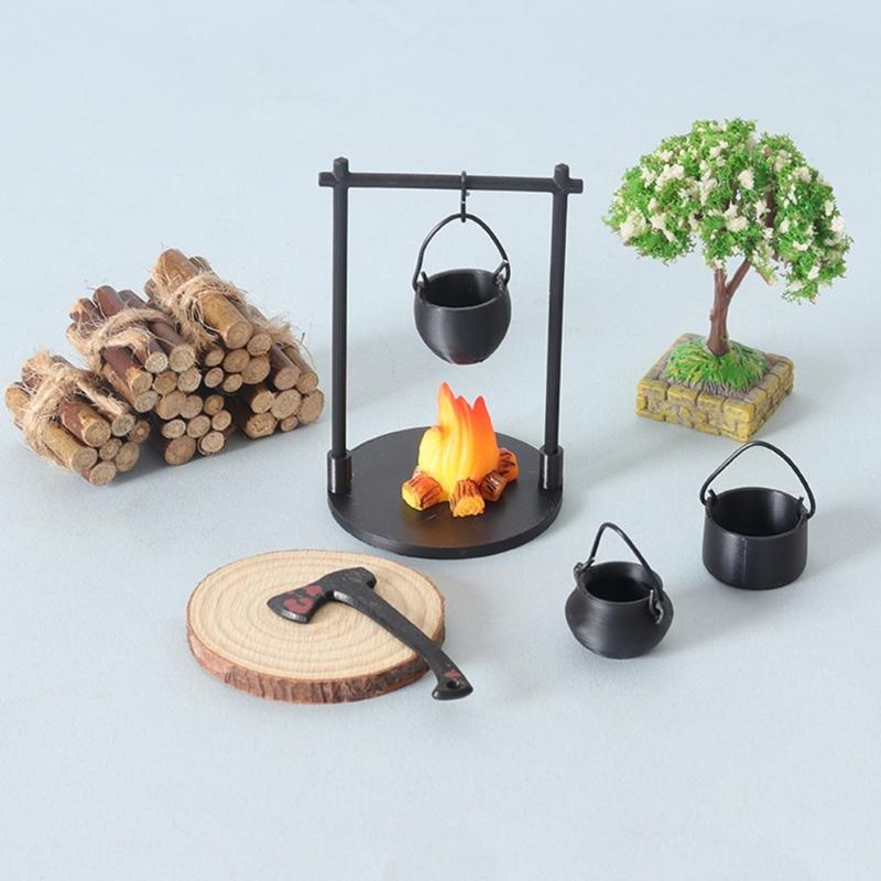 Miniature Outdoor Campfire Set with Iron Pot Firewood Bundle and Tree for 1/12 Scale Model Scene Display Accessories