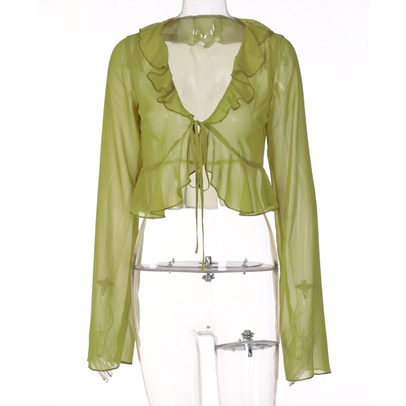 2025 Summer Deep V-Neck Ruffle Tie Long Sleeve Sheer Top