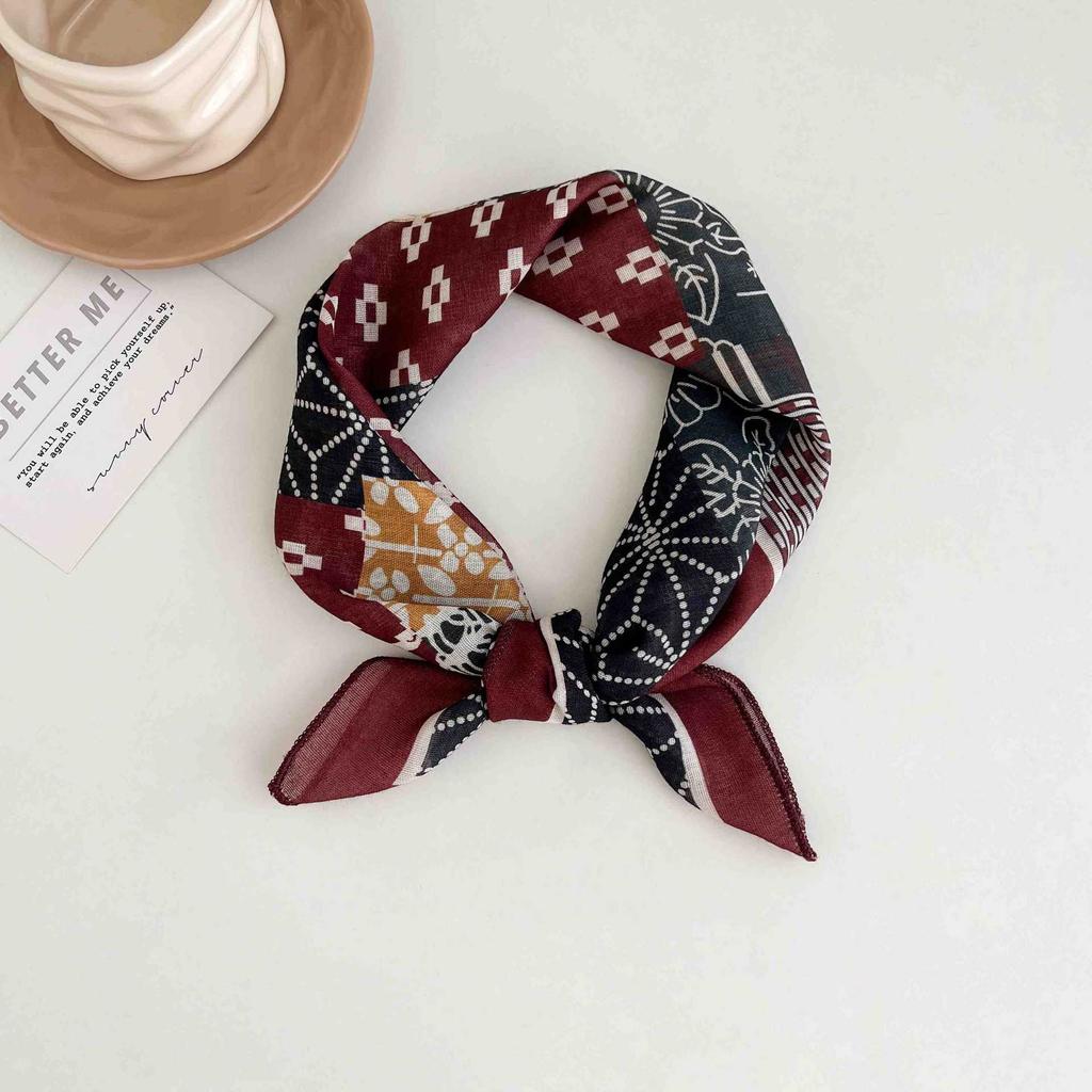[18 cotton and linen] French high-end bag head small square scarf women's seaside photo silk scarf spring and autumn decorative versatile scarf