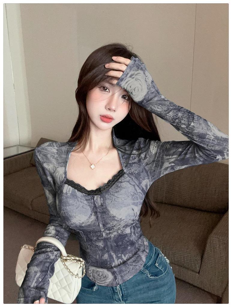 Women's Retro Ink Wash Tie-Dye Square Neck Slim Fit Base Layer Top - Autumn/Winter Collection