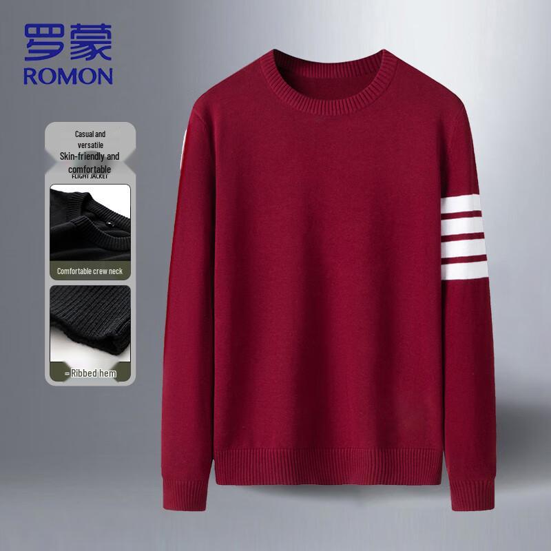ROMON Men's Striped Round Neck Pullover Cotton Knit Sweater
