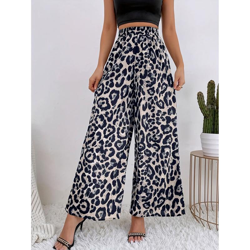 Women's Fashion Classic Leopard Print Stretch Waist Loose and Drapey Comfortable Casual Wide Leg Pants