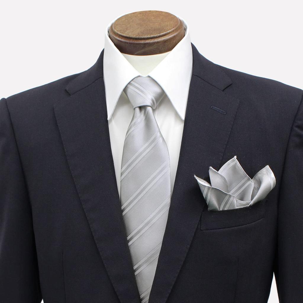 [Gran creer] Necktie and Pocket Square Set, Formal Wear for Weddings, Silk, Made in Japan, Fujiyama Weave, Gran Creer (Stripe x Silver)