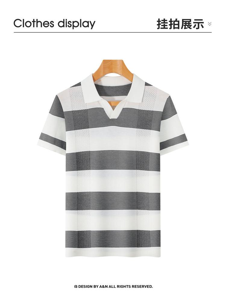 Summer Breathable and Comfortable Knitted Men's T-shirt Fashionable Contrasting Striped Short Sleeved Top Made of Linen and Long Staple Cotton