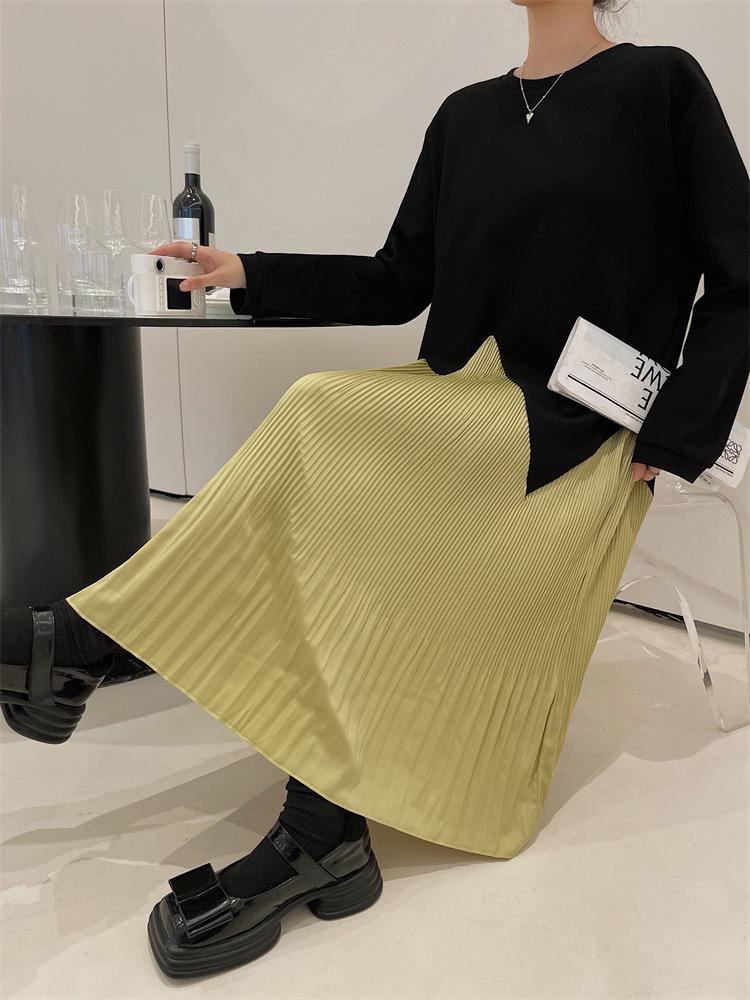 2023 Autumn/Winter Plus Size Patchwork Pleated Long Sleeve Dress for Women