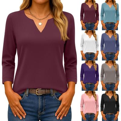 Womens 3/4 Sleeve Tops V Neck Basic Tee Solid Color Blouses For Women Casual