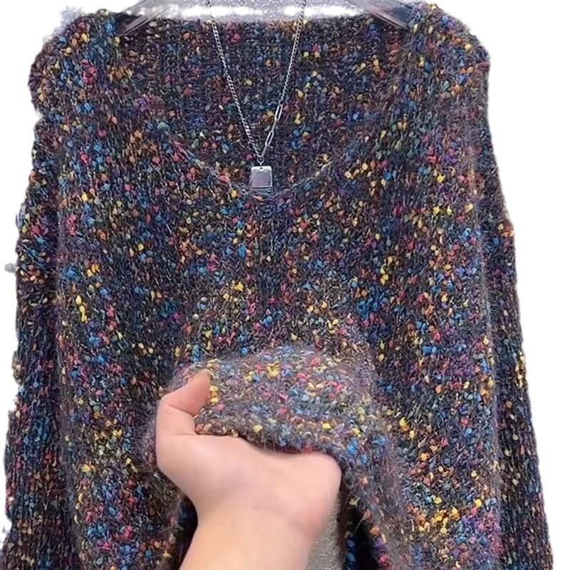 Women's High-End Colorful Polka Dot Sweater - Autumn/Winter 2024, Round Neck, Short, Thick Wool Pullover