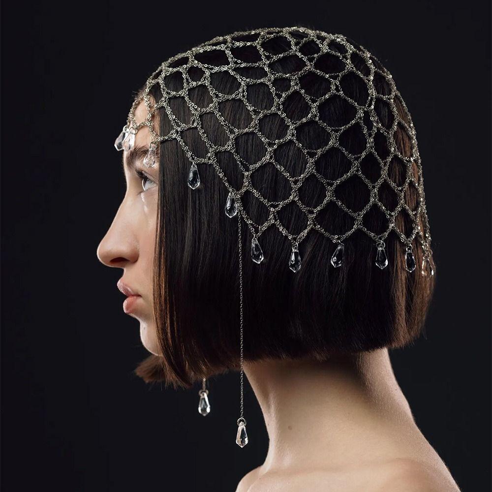 Crystal Tassel Rhinestone Headpiece Beaded Mesh Bridal Head Chain Women Party Headwear