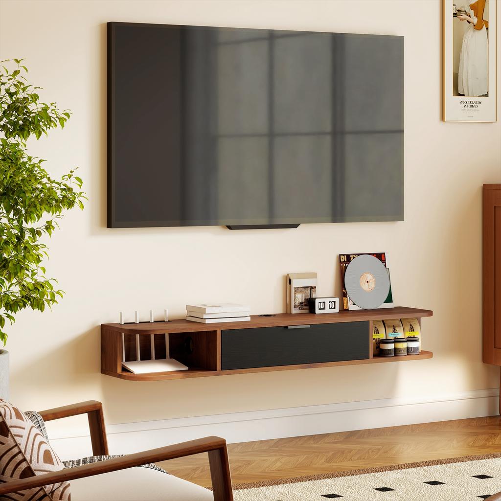 TV Cabinet Up To 50" Wall-Mounted with Drawer, 2 Open Shelves and Cable Hole, 120x24x16 Cm, Walnut