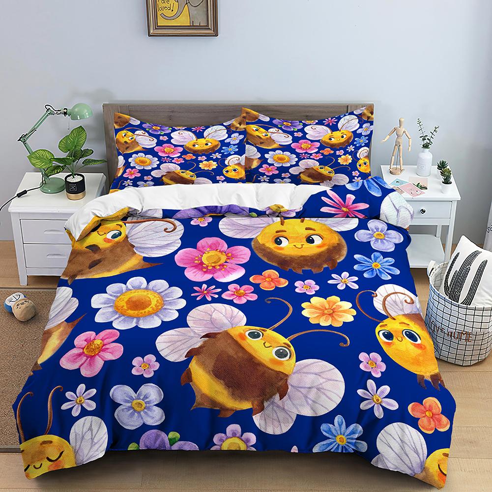 Cartoon Bee Duvet Cover King Queen Lovely Yellow Flying Animal Bedding Set For Kids Boys Girls Beautiful Flowers Comforter Cover