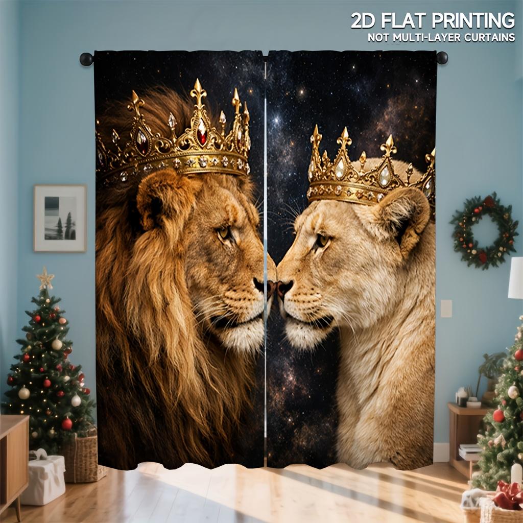 2Pcs Polyester Double Lion Crown Printing Window Curtains Birthday Party Decoration Backdrop Drapes for Living Room