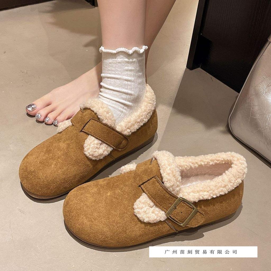 Autumn four-season Doudou shoes women's velvet loafers wear flat-soled retro soft-soled Birkenstock big head and cotton shoes