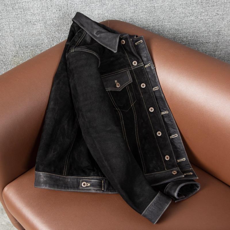 Genuine Suede Leather Jacket for Men Stylish Slim Fit Short Coat with Lapel Collar Autumn Winter Outerwear