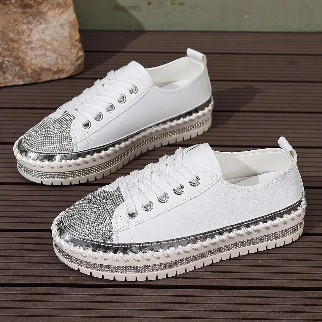 Plus Size 43 Women's Casual Flat Shoe 2025 New Style Rhinestone Design Woman Sneakers Comfortable Platform Shoe