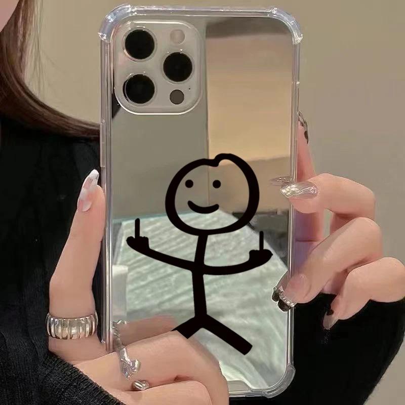 Cute Cartoon Matchman Mirror Phone Case For iPhone 17 16 15 14 13 12 11 Pro Max XS X XR 7 8 Plus Make Up Mirror Shockproof Cover