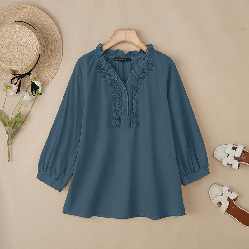 ZANZEA Women Lace Crochet Patchwork V-Neck Casual Long Sleeve Blouse