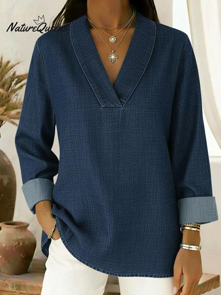 2026 Casual Loose Nine-Sleeve Retro Polo Collar Imitation Denim Shirt