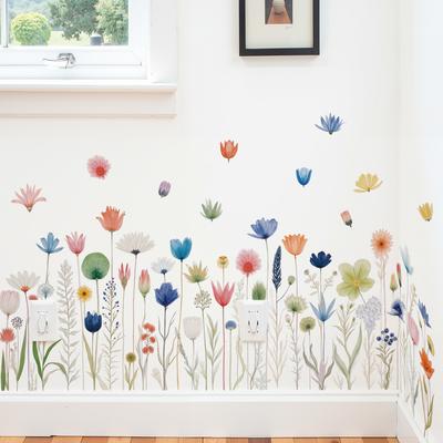 Removable Pastel Flower Wall Decals for Baseboard Cabinet Hallway Decoration Plant Floral Decor Stickers