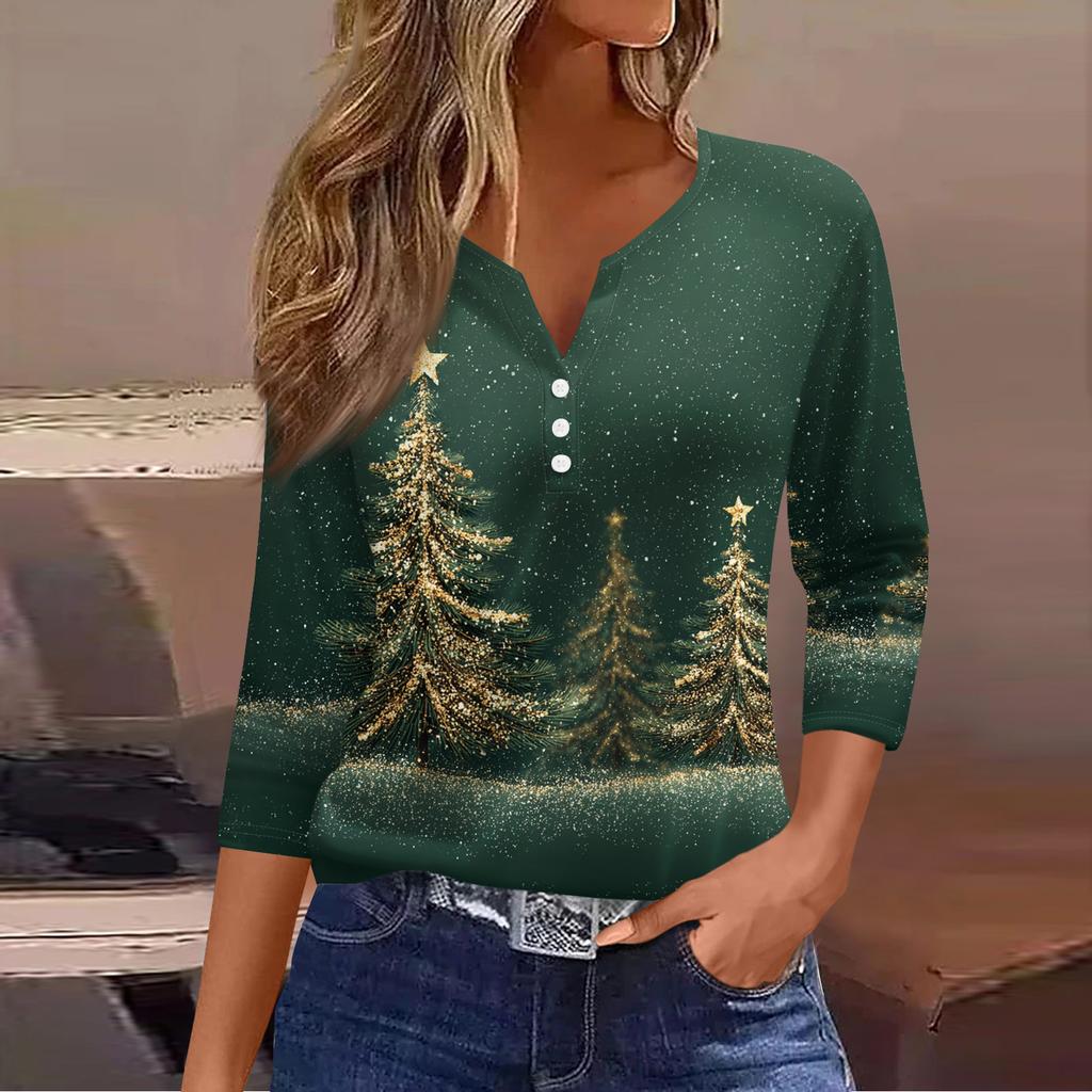 Women's Casual Fashion V-neck Loose Versatile Christmas Print Three-quarter Sleeve Top