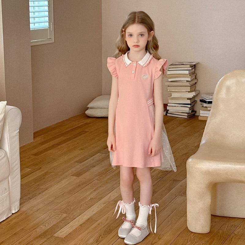 Mädchen Mode Prinzessinnenkleid 2025 Sommer Kinder Prinzessin Mesh Patchwork Polo Kragen Kleid