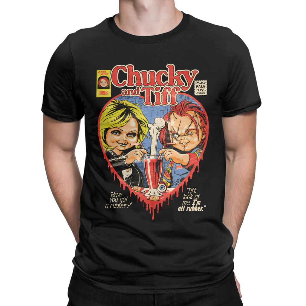 Horror Chucky and Tiffany T Shirt  Hippie T-Shirts Short Sleeve Vintage Tops Summer Cotton O-Neck Oversize Clothing