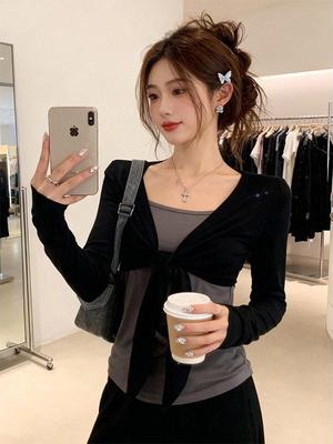Korean Style Fake Two-Piece Color Block Patchwork Long Sleeve T-shirt - Women's Spring 2026 Slimming Lace-up Thin Temperament Top