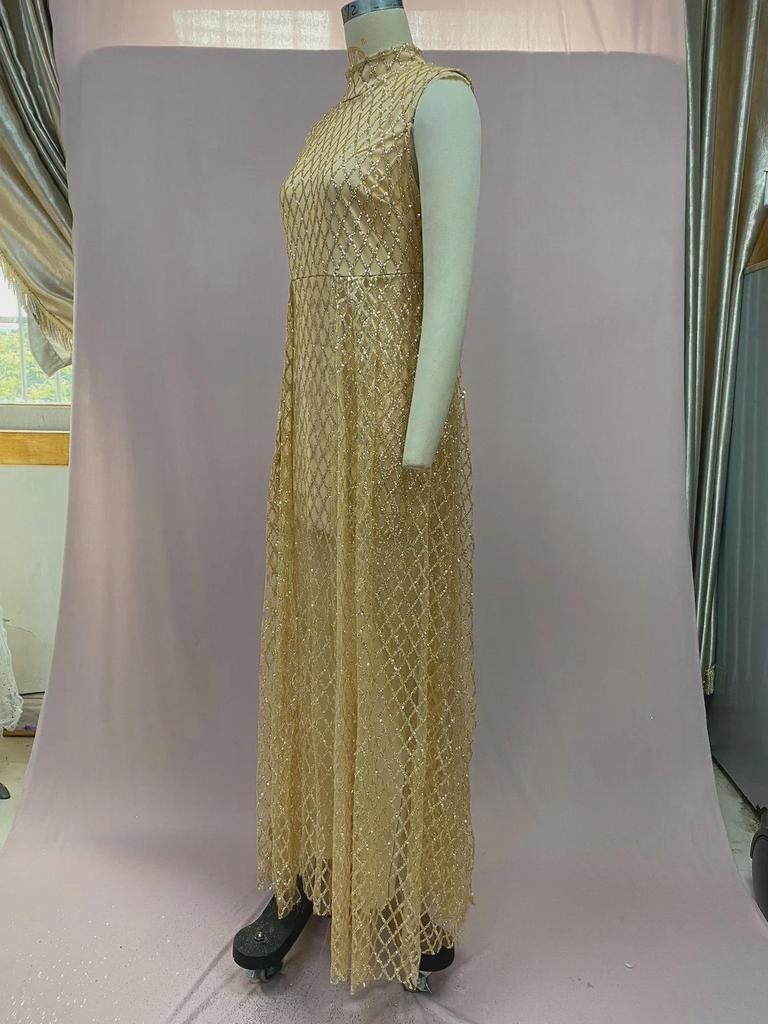 2025 European & American Women's V-Neck Gold Stamped Maxi Dress with Slit