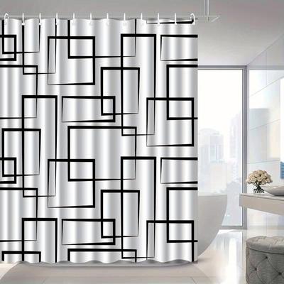 Cortina de Ducha Geométrica Minimalista Moderna Blanco y Negro, Decoración Elegante para Baño, Diseño de Líneas Cuadradas, Tejido de Poliéster de Alta Gama