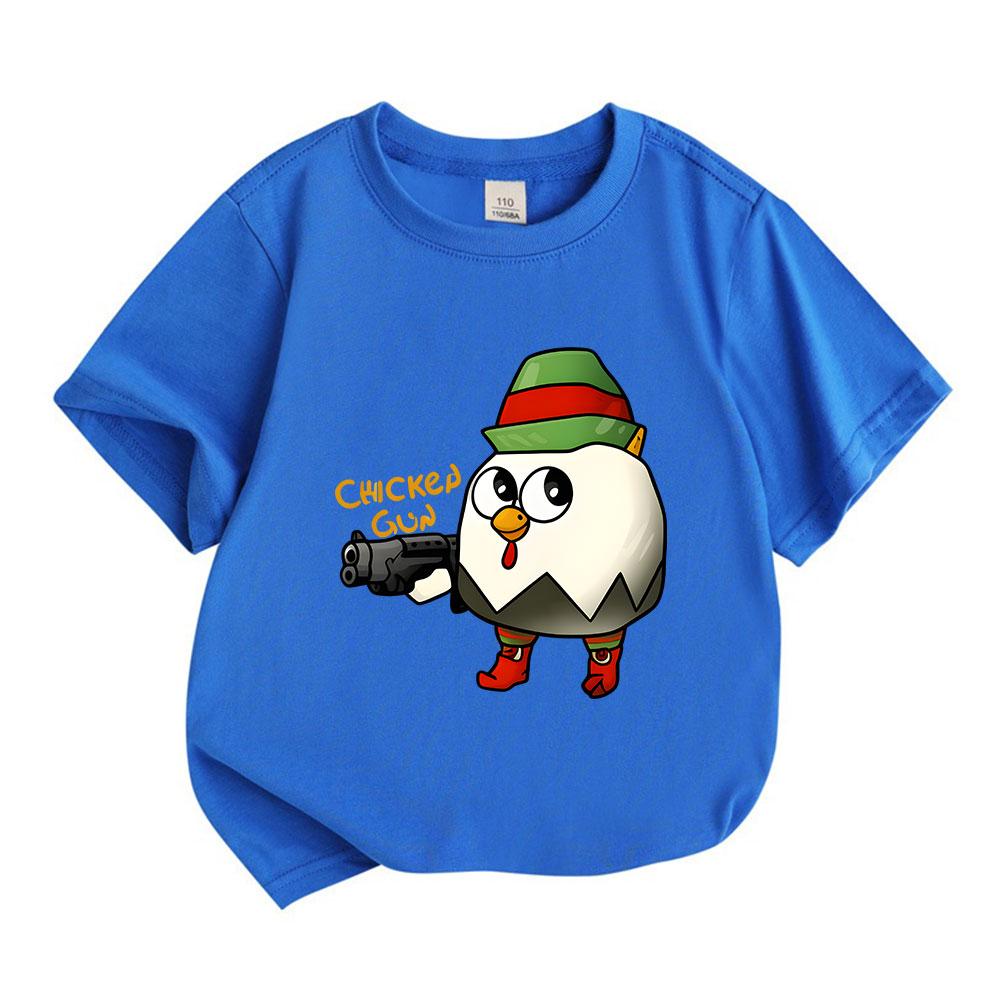 Kids Boys Girls 100% Cotton Crew Neck Short Sleeve T-Shirt, Cute Chicken with Gun Elf Pattern Casual Soft Breathable Summer Tee for Children Daily Wea
