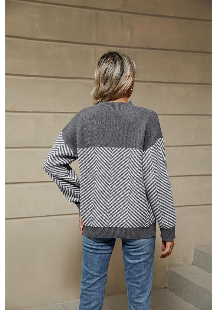 Women's 2024 Autumn/Winter Striped Casual Knit Sweater - European & American Style, Long Sleeve