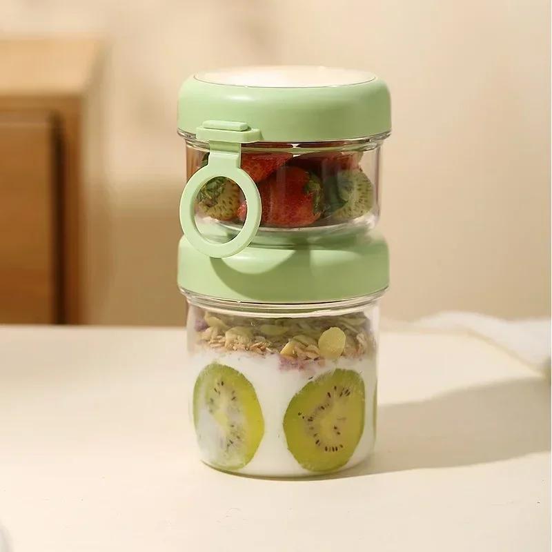 1/2Layer Fruit Yogurt Cup with Spoon Food Container Clear Portable Breakfast Oat Fruit Salad Seal Cup for Students Office Worker