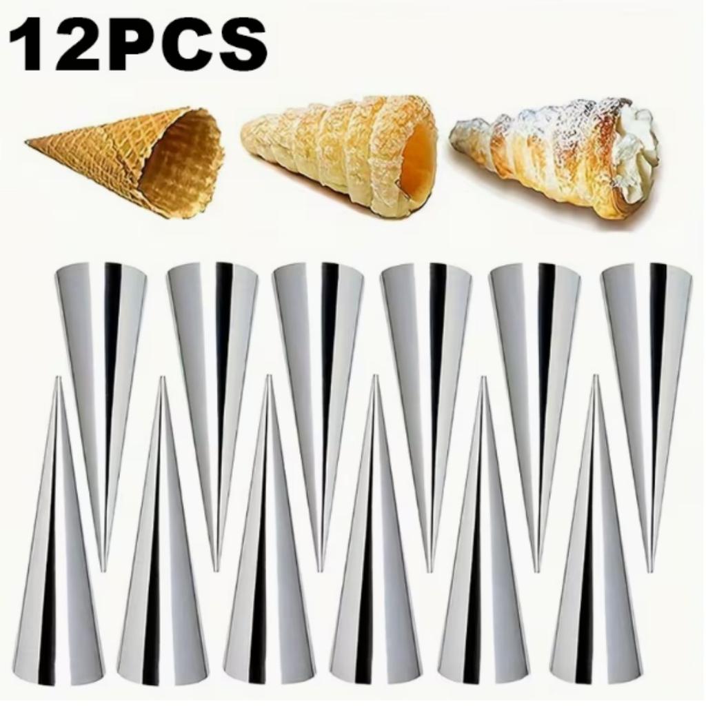 12Pcs 201 Stainless Steel Cream Cone Molds, Non-Stick Spiral Pastry Tubes for Ice Cream Croissant Puff Waffle Baking Tools