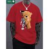 Men's 100% Pure Cotton Summer Loose Oversized Casual Mechanical Bear Pattern Printed Sports Round Neck Short Sleeved T-shirt Top