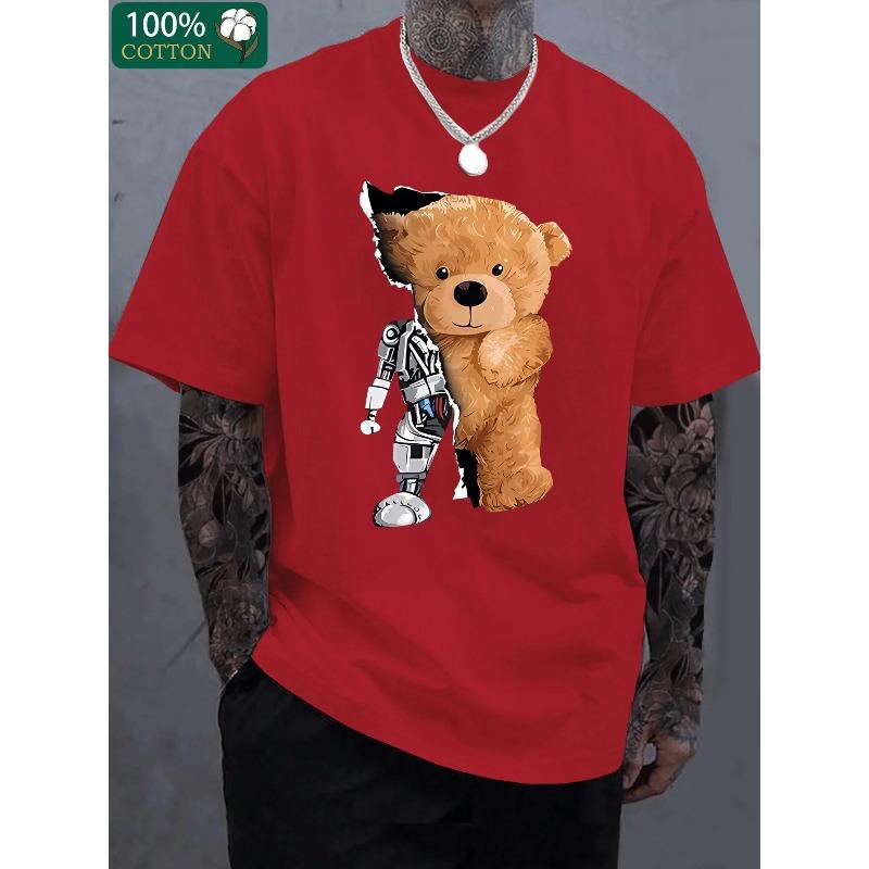 Men's 100% Pure Cotton Summer Loose Oversized Casual Mechanical Bear Pattern Printed Sports Round Neck Short Sleeved T-shirt Top