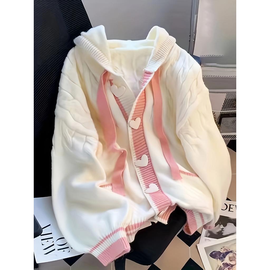 College Style Loose Fitting Hooded Cardigan for Spring and Autumn Wear, Fashionable Knitted Jacket for Women, Cardigan for Women